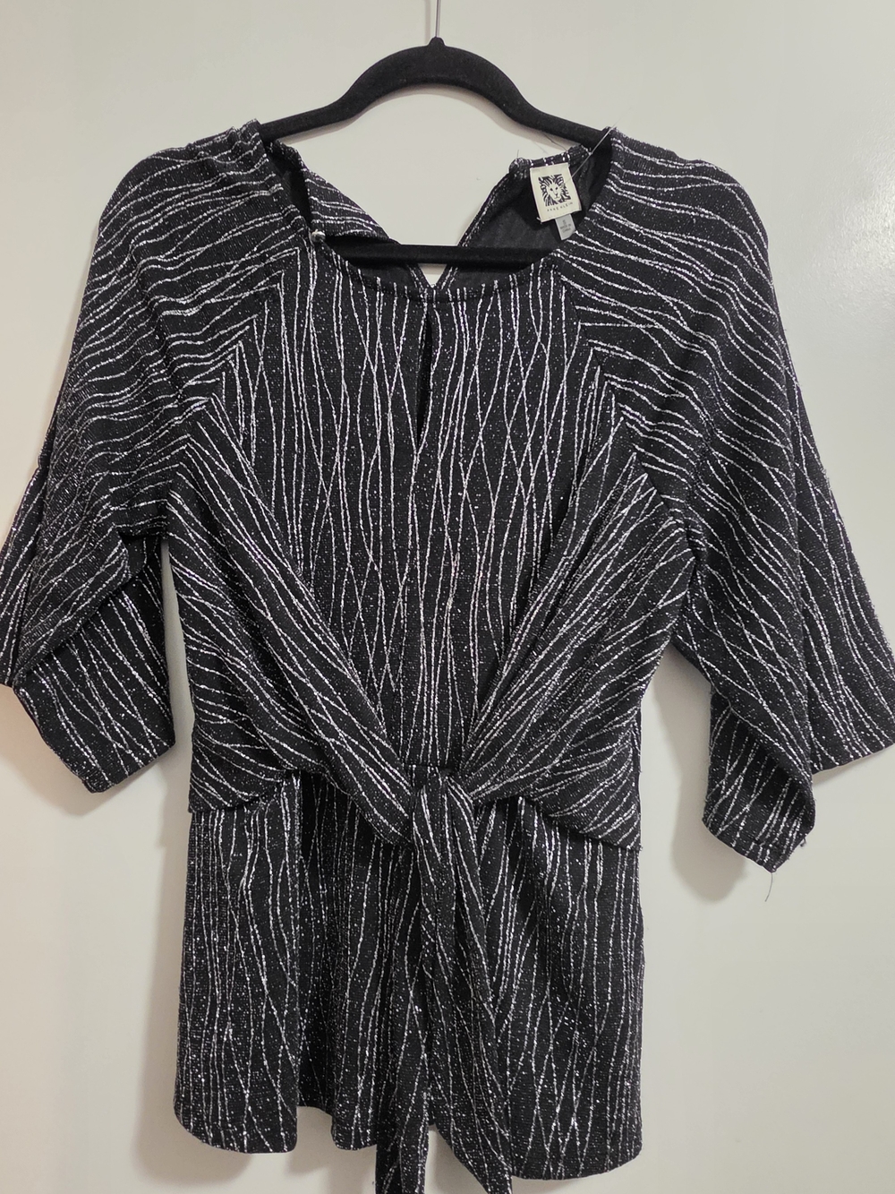 Anne Klein Black Metallic Thread Tie-Waist Long Sleeve Blouse